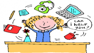 Cartoon teacher with notebook, pencil, phone, and computer around her