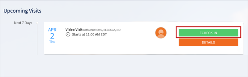 Upcoming Visit eCheck-In screenshot